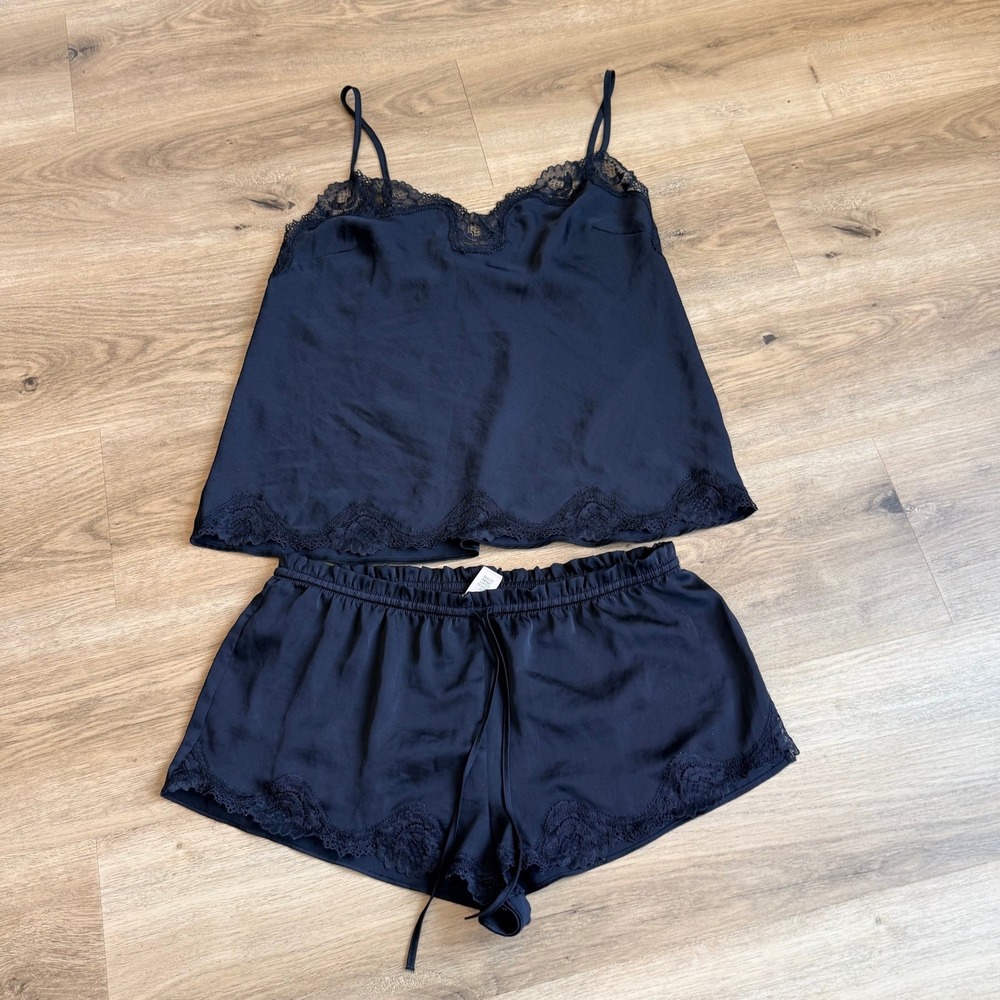 Victoria's Secret Black Satin Lace Trim Cami and Shorts Pajama Set Size Small